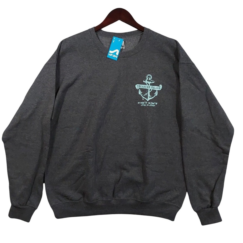 Surf Style Sweatshirt Mens Large Gray Fleece Pullover Treasure Island Graphic
